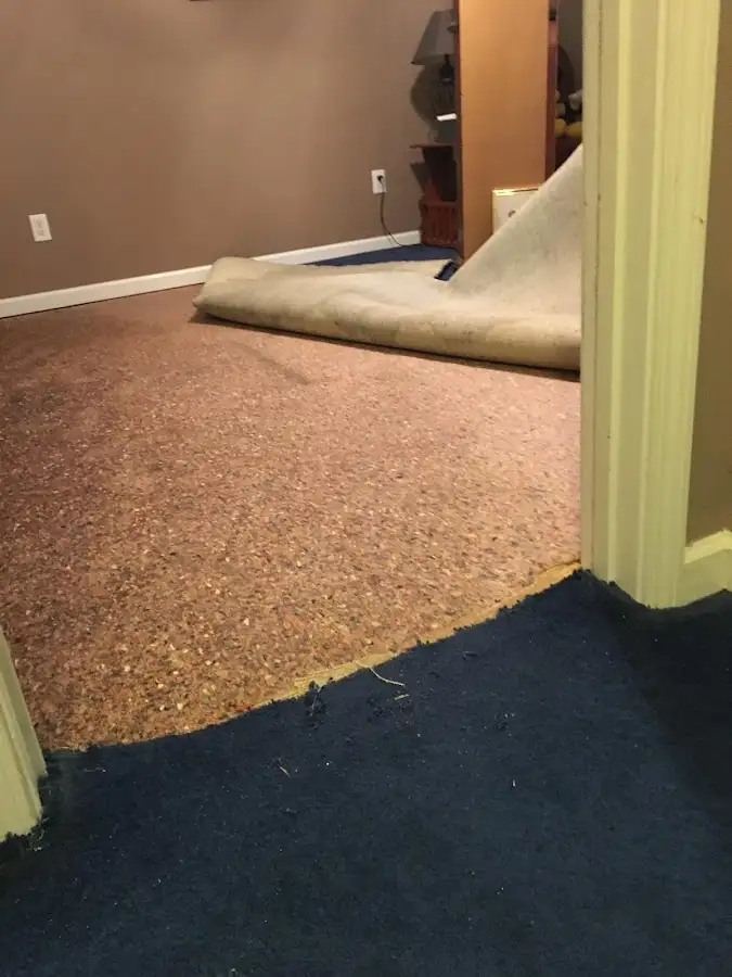 Carpet pad removal revealing water damage during Drying & Dehumidification in Houlton